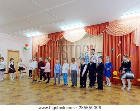 Gomel, Belarus - February 22, 2019: Matinee In Kindergarten Dedicated To The Day Of The Soviet Army.