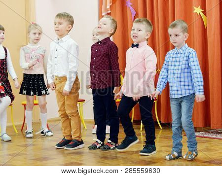 Gomel, Belarus - February 22, 2019: Matinee In Kindergarten Dedicated To The Day Of The Soviet Army.
