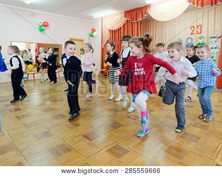 Gomel, Belarus - February 22, 2019: Matinee In Kindergarten Dedicated To The Day Of The Soviet Army.