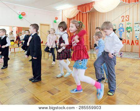 Gomel, Belarus - February 22, 2019: Matinee In Kindergarten Dedicated To The Day Of The Soviet Army.