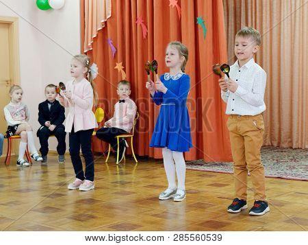 Gomel, Belarus - February 22, 2019: Matinee In Kindergarten Dedicated To The Day Of The Soviet Army.