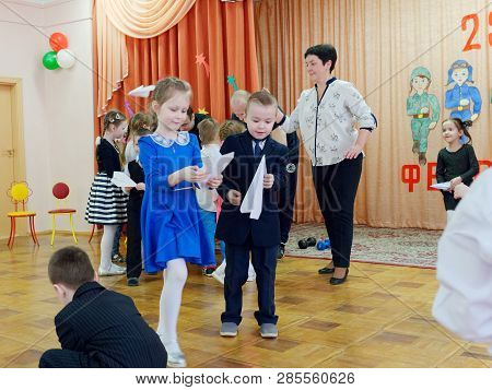 Gomel, Belarus - February 22, 2019: Matinee In Kindergarten Dedicated To The Day Of The Soviet Army.