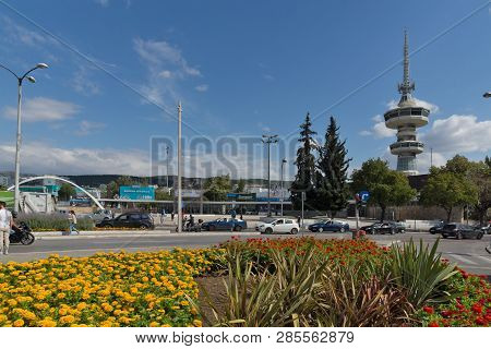 Thessaloniki, Greece - September 30, 2017: Ote Tower And Flowers Gardens In Front In City Of Thessal