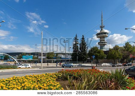 Thessaloniki, Greece - September 30, 2017: Ote Tower And Flowers Gardens In Front In City Of Thessal