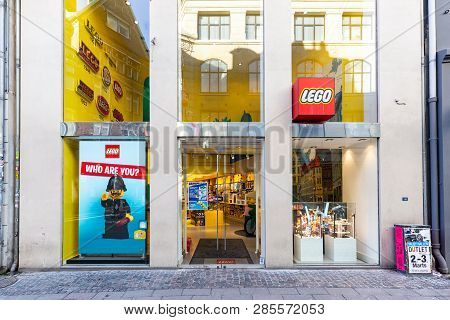Copenhagen, Denmark - February 22, 2019: Store Front Of The Lego Shop On Stroget In The City Centre.