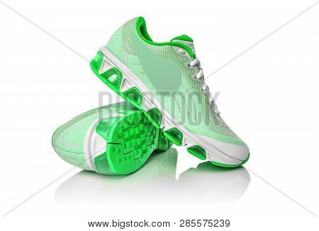 Unbranded Modern Sneakers Isolated On A White Background. Lime Or Green Sneakers.