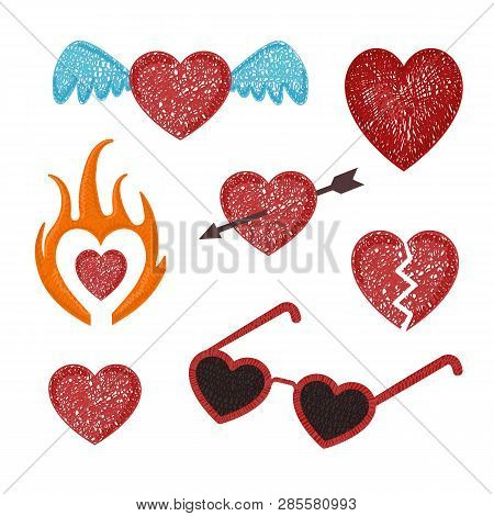 Set With Stylized Hearts. Red Isolated Heart On White Background