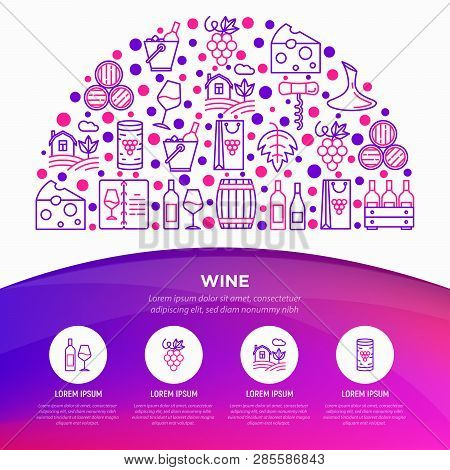 Wine Concept In Half Circle With Thin Line Icons: Corkscrew, Wine Glass, Cork, Grapes, Barrel, List,
