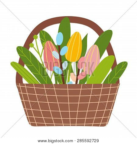 Easter Vector Elements Set Of Spring Tulips Flowers Bouqet, Flower Wreath, Eggs, Teapot And Mug. Cut