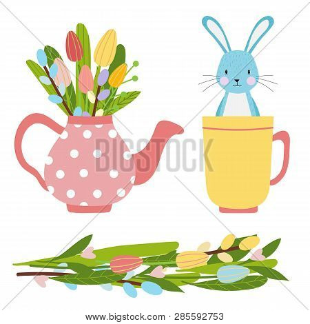 Easter Vector Elements Set Of Spring Tulips Flowers Bouqet, Flower Wreath, Eggs, Teapot And Mug. Cut