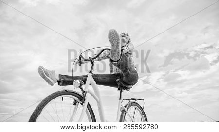 Woman Feels Free While Enjoy Cycling. Girl Rides Bicycle Sky Background. Cycling Gives You Feeling O
