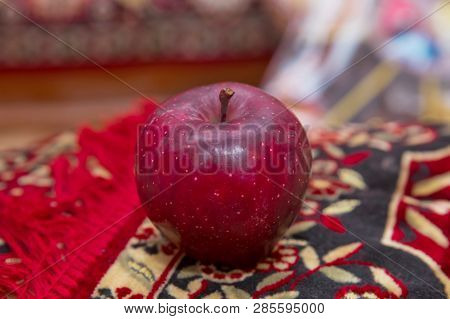 Full Depth Of Field. Autumn Harvest Concept - Fresh Ripe Organic Red Apple , Dark Stone Background. 