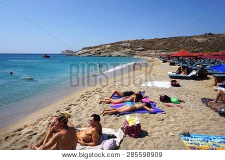 Mykonos, Greece, September 10 2018, Lia Beach Is A Tourist Resort Far From Chora But Perhaps It Is T