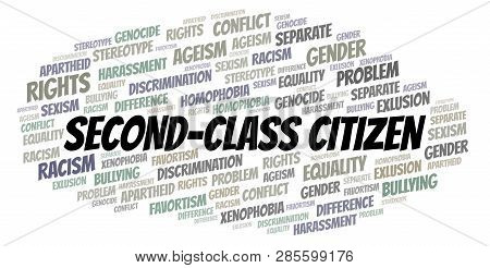 Second-class Citizen - Type Of Discrimination - Word Cloud. Wordcloud Made With Text Only.