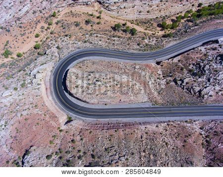 Mesa And Canyon Landscape And Utah State Route 313 Aerial View Near Arches National Park, Moab, Utah
