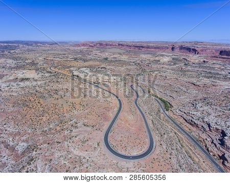 Mesa And Canyon Landscape And Utah State Route 313 Aerial View Near Arches National Park, Moab, Utah