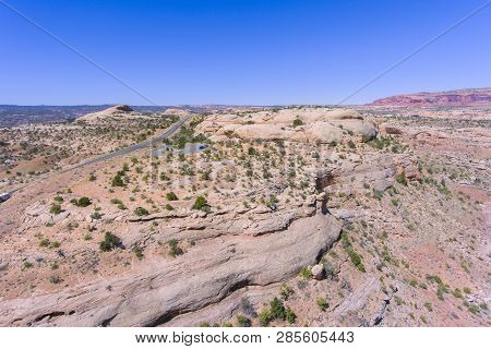 Mesa And Canyon Landscape And Utah State Route 313 Aerial View Near Arches National Park, Moab, Utah