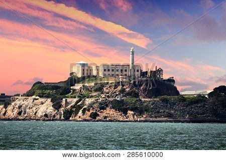 San Francisco Landmark - Alcatraz Prizon Island Sunset. California, United States.