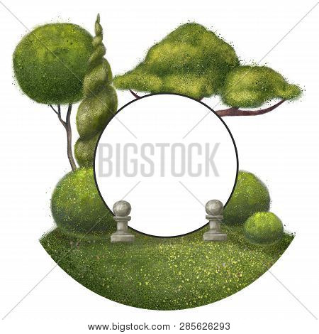 Round Frame With Trees Around. The Park Is Isolated On A White Background. Template