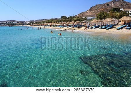 Mykonos, Greece, September 09 2018, Panoramic View Of The Enchanting Nature Of Kalafatis Beach In Th