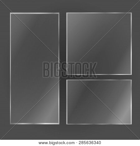 Set Of Shiny Glass Plates. Clear Glass Showcase On A Transparent Background. Realistic Window, Makeu