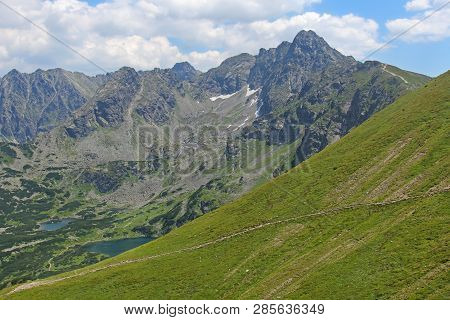 Mountain Landscape With Rocky Slopes And Lakes. View From The Top Of Kasprowy Wierch, Tatry, Poland