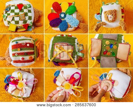 Colorful Hand Made Toy For Toddlers And Babies. Busy Cube. Soft  Baby Block Made Of Fabric To Develo