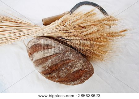 bunch of mown wheat ears with vintage handmade reaper hook sickle and rye dark french fresh bread loaf on white linen tablecloth
