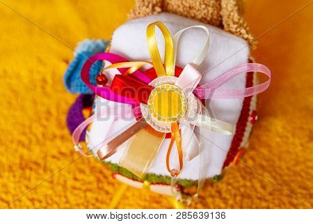 Colorful Hand Made Toy For Toddlers And Babies. Busy Cube. Soft  Baby Block Made Of Fabric To Develo