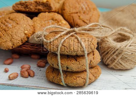 Peanut Cookies On A Homespun Cloth With Peanut And Cookies. No Shugar Added. Peanut Butter. Peanut B