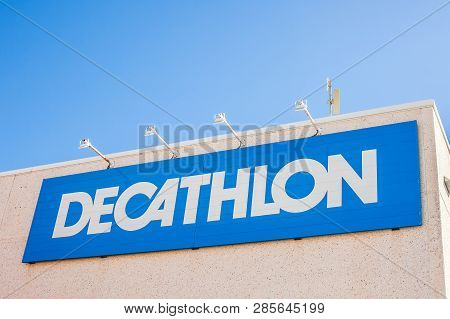 Orihuela, Spain - February 13, 2019: Decathlon Store Is A French Company Of Sporting Goods Distribut