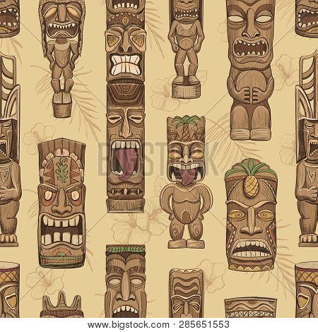 Collection Of Wooden Tiki Idols. 
Seamless Pattern