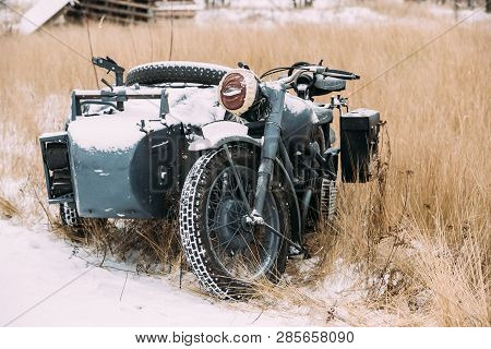 Old Tricar, Three-wheeled Motorbike Of Wehrmacht, Armed Forces Of Germany Of World War Ii Time In Wi