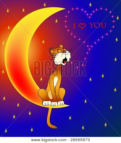 Gatto canta seduto su Luna sull'amore per giorno Valentina