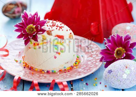 Traditional Easter Molded Dessert Paska Made From Cottage Cheese And Candied Fruit