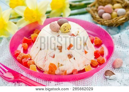 Traditional Easter Molded Dessert Paska Made From Cottage Cheese And Candied Fruit
