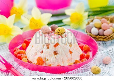 Traditional Easter Molded Dessert Paska Made From Cottage Cheese And Candied Fruit