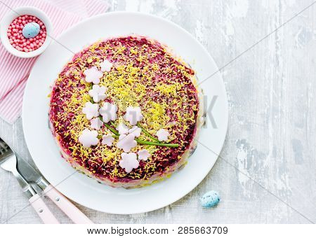 Herring Under Fur Coat Or Shuba Russian Salad Decorated For Easter