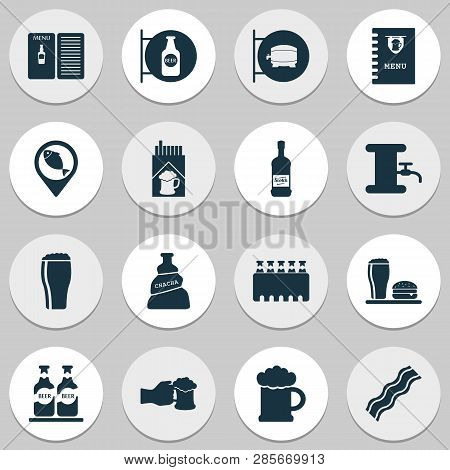 Drink Icons Set With Chacha, Beer Sign, Pub Book And Other Pork Elements. Isolated  Illustration Dri