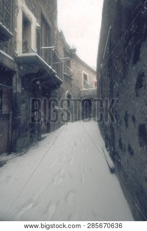 winter street in Adrano Old Town, Sicily