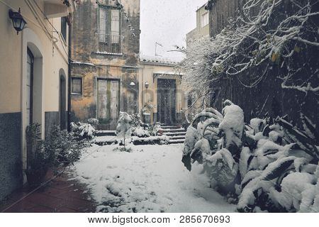 winter street in Adrano Old Town, Sicily