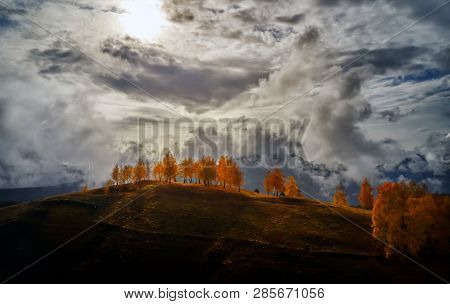 aerial view of Carpathian mountains countryside in autumn morning, Romania
