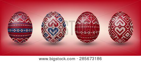 Red Paschal Eggs Decorated With Northen Knitting Patterns