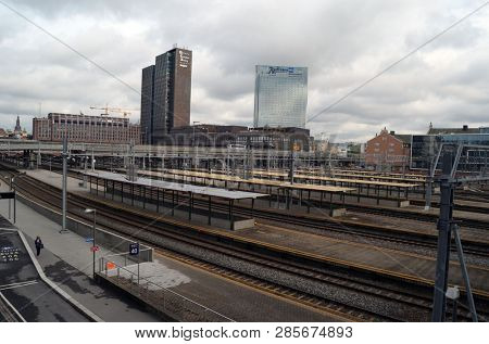 Platform and train view on Oslo central station. Oslo Central Station (Sentralstasjon) is main railway station in Oslo. June 17. 2018. Oslo,Norway
