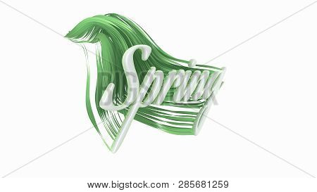 The Word Spring Lettering Made By White Plactic And Growing Green And Fresh Wavy Grass. 3d Illustrat
