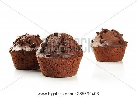 Chocolate Chip Muffins On A White Background With A Place For Text