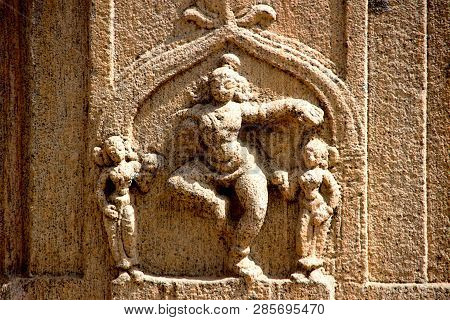 Bas-relief Carving Of Gracious Pose Of Dancing Girl On Stone Pillar At Rayara Gopura In Melukote, Ma