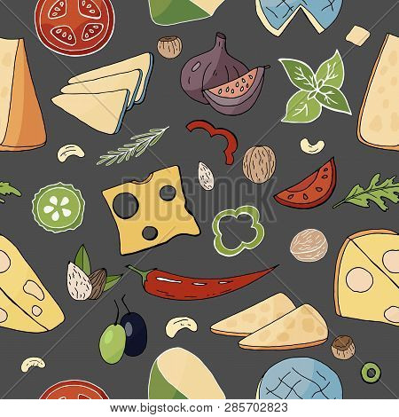 Seamless Food Pattern With Cheese And Vegetables Elements. Vector Doodle Food Pattern
