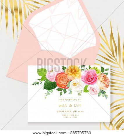 Floral Vector Design Horizontal Frame.pink, Yellow, Fuchsia Rose, Orange Ranunculus, Juliet Garden R