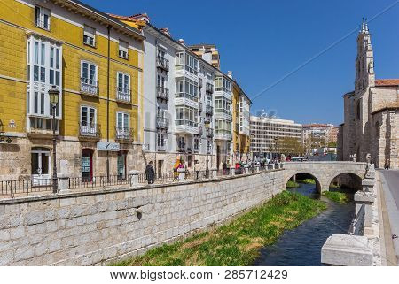 Burgos, Spain - April 24, 2018: Canal And Historic Buildings In The Center Of Burgos, Spain